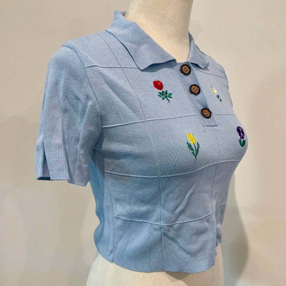 Cider Retro Pale Blue Collar Flowery Crop Embroidery Polo Top - Picture 3 of 10